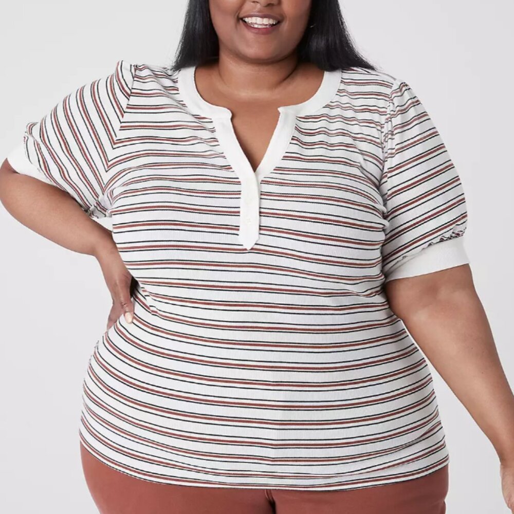 Elbow Puff-Sleeve Henley Rib Tee